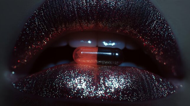 A close-up of vibrant, glittery lips holding a capsule, symbolizing beauty and health, blending aesthetics with pharmaceutical elements.