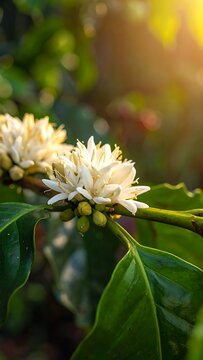 Coffee plant with white flowers blooming.
