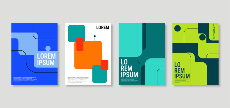 Set of colorful geometric poster templates with rounded squares and abstract shape layouts