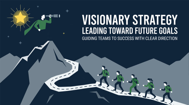 Visionary strategy leading toward future goals, business leader guiding team to success with clear direction, mountain climbing vector illustration