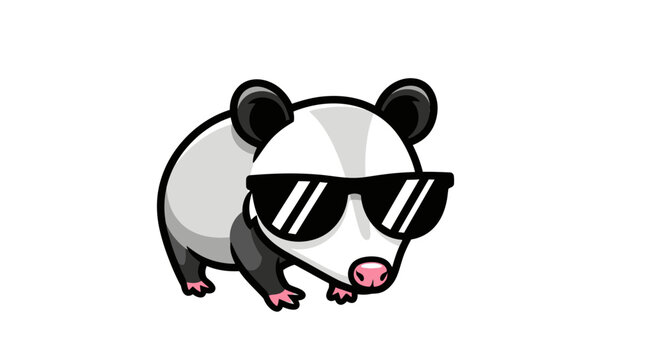 Adorable Opossum Cartoon Character Wearing Trendy Stylish Sunglasses Isolated on Flat White Background Minimalist Vector Graphic Icon