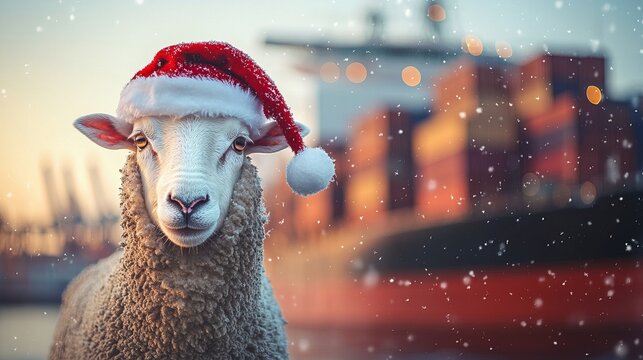 Festive Farm Animal Sheep Celebrates Christmas on Snowy Harbor Deck with Joyful Winter Spirit