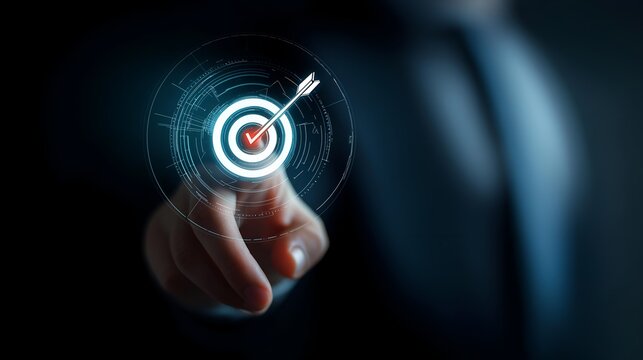 A business professional interacts with a digital target interface, symbolizing precision and goal achievement in a modern and tech-driven environment.