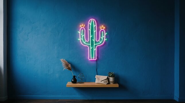 Neon cactus sign glowing purple and green on a textured blue wall with a shelf home decor wall art lighting fixture