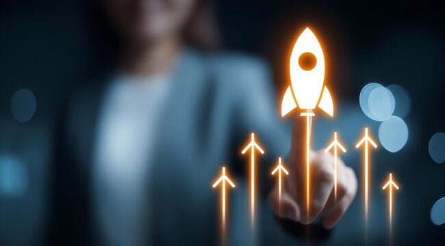 A business professional using a digital interface to launch a rocket symbolizing growth and innovation, signifying success and ambition in the industry.
