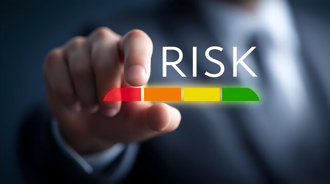 A businessman measuring risk with a colorful scale, symbolizing assessment and decision-making in corporate environments.