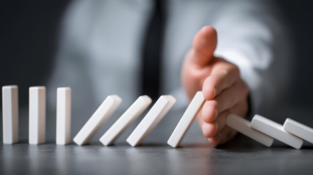 A businessman prevents falling dominoes with a strategic hand placement, symbolizing control in the face of challenges and the importance of proactive decision-making.