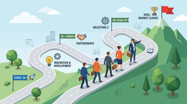 Business roadmap infographic with people walking towards success, corporate strategy timeline vector, project management path to market leader goal