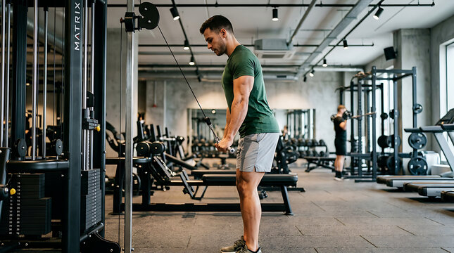 Focused young man performing triceps pushdowns at a modern fitness center, demonstrating dedication to strength training and a healthy lifestyle