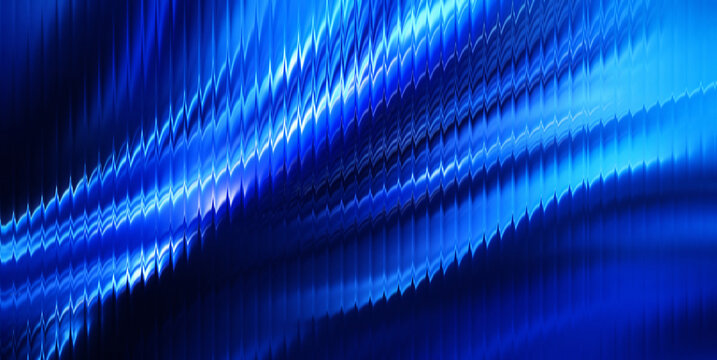Abstract background with deep blue liquid metal glass waves, glossy reeded ribbed texture and smooth neon gradient flow, futuristic CGI render for tech design