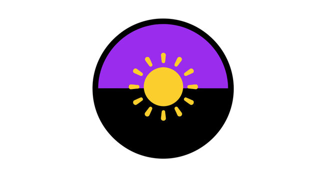 Flat minimalist icon of a purple and black circular emblem featuring a central sun motif with radiating rays, isolated on a white background as a graphic vector symbol for celestial design.