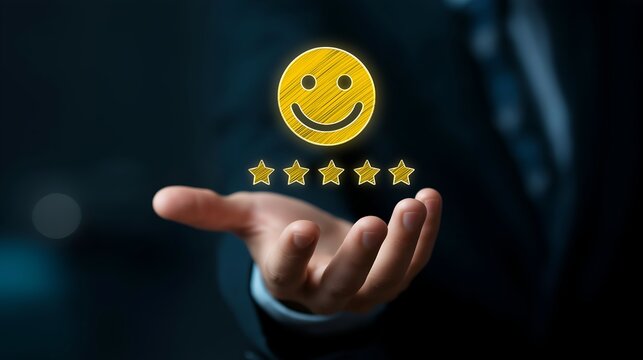 A close-up of a hand holding a floating smiley face icon, symbolizing customer satisfaction and positive feedback in the business world.