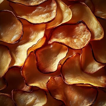 Crispy Golden Potato Chips Arranged on a Wooden Table, Perfect for Snacking and Sharing Delight.