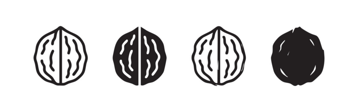Walnut nut icon set in outline, solid, and hand-drawn styles for healthy eating