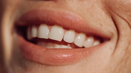 Naklejka premium A close-up of a smiling mouth showcasing healthy white teeth and well-maintained lips, radiating joy and confidence, perfect for dental health themes.