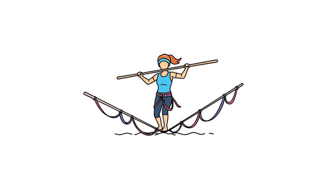 Minimalist Slackline Athlete Balancing on Webbing Rope Vector Drawing Isolated on White Background Modern Flat Icon for Sports and Leisure Activities