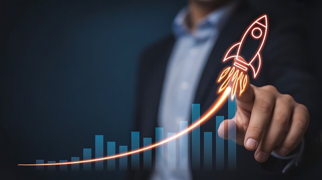 Businessman launching rocket icon with growth chart representing startup success and business expansion