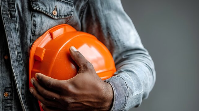 A close-up of a worker holding an orange hard hat. The image conveys safety, construction, and the importance of protective gear in industrial environments.