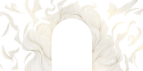 Naklejka premium Luxury gold wave pattern, elegant thin lines arch frame on whited background. Japanese vector design, Art Deco and Art Nouveau elements with flowing ocean curves, wine label, perfume packaging, invita