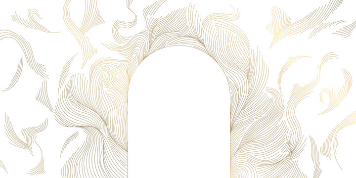 Luxury gold wave pattern, elegant thin lines arch frame on whited background. Japanese vector design, Art Deco and Art Nouveau elements with flowing ocean curves, wine label, perfume packaging, invita