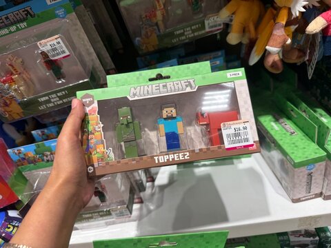 April 2026, Singapore: Minecraft Toppeez Series 2 collectible pencil topper figures featuring Steve, a cow, and a Zombie Villager