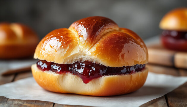 Crunchy Breakfast Bun Stuffed with Jam on a Wooden Table, Freshly Baked Pastry