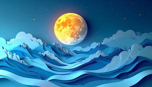 Digital landscape with layered paper cut style mountains and clouds under a glowing pixelated full moon, serene night sky, subtle sparkling stars
