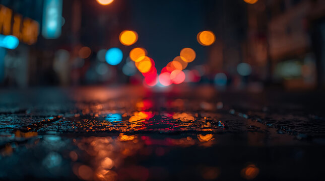 time urban street scene captured in a bokeh style, emphasizing blurred lights and reflections. The layout features a wet pavement in the foreground, reflecting vibrant red, blue, and orange lights fro