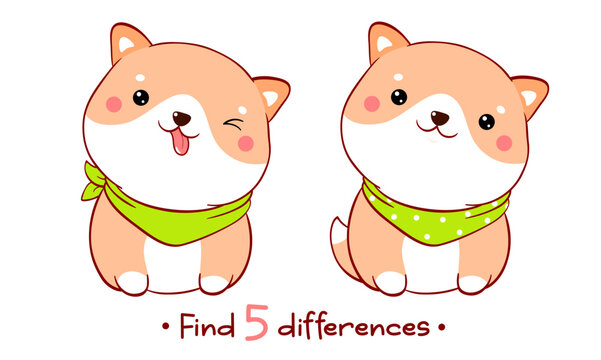 Educational Game for Kids with cute dog. Find five Differences Activity For Preschool Children. Find 5 differences education game for kids with funny little shiba inu puppy. Vector illustration EPS8