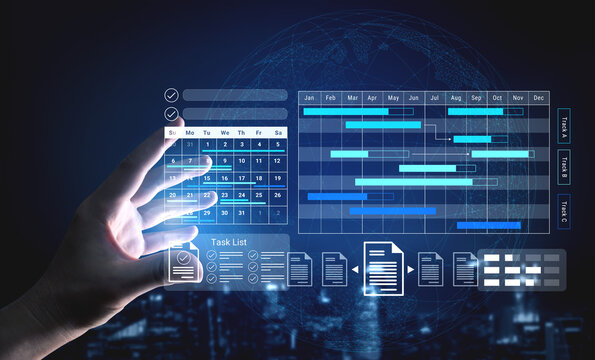 Modern digital interface displaying a calendar and project management tools. A hand gestures to interact with the technology against a city skyline backdrop. Gantry