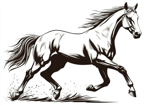Stylish monochrome illustration of a powerful galloping horse in motion, showcasing its grace.