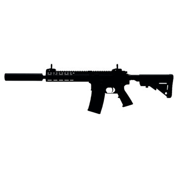 High Contrast Black Silhouette of an Assault Rifle with Silencer Vector Illustration