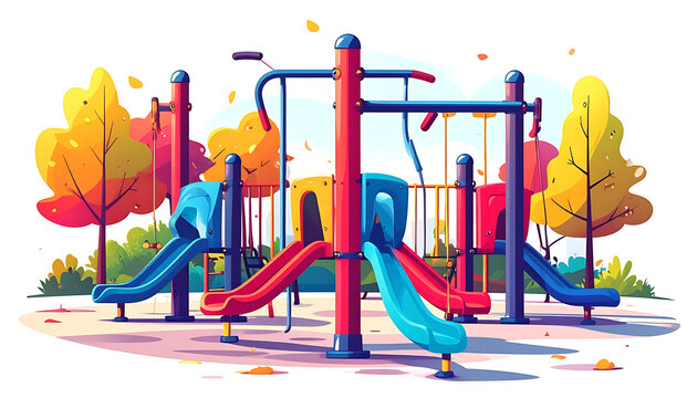 Colorful playground structure with slides and swings on a sunny day, vibrant autumn trees in the background, pixel art style