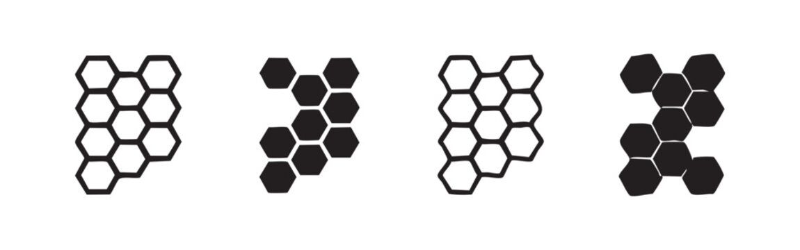 Honeycomb hexagonal pattern icons, bee comb structure vector set