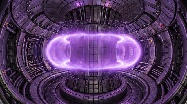 Fusion reactor core with glowing purple plasma energy and magnetic field containment.