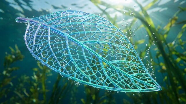 Transparent leaf structure with complex veins submerged in water with floating bubbles.