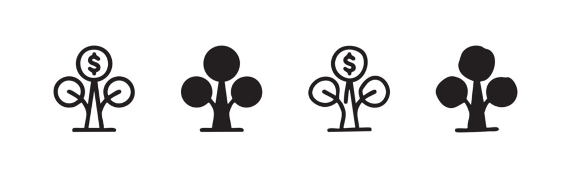 Money Tree or Dollar Plant Icons Set Hand Drawn Style