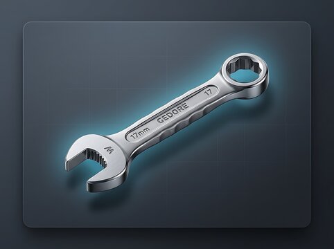 Silver combination wrench with ratchet and 17mm socket on dark blue background