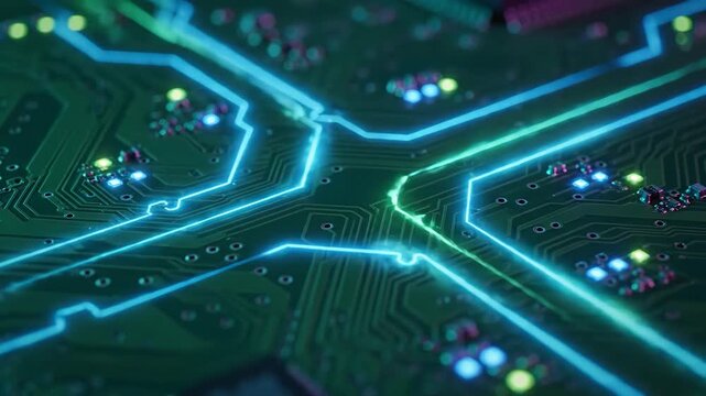 Close-up of a green circuit board with glowing blue and green lights displaying intricate pathways and electronic components representing technology and digital innovation with a futuristic concept