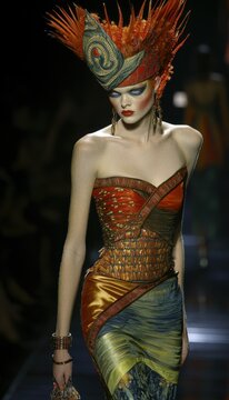 Runway fashion show: A model showcases a striking strapless dress with an elaborate feathered headdress, creating a dramatic, theatrical look.