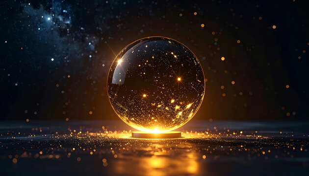 Luminous crystal orb glowing with golden energy and particles in a dark cosmic background, representing magic and future