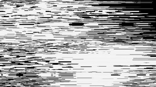 Monochrome pixel sorting distortion with horizontal scanline artifacts flickering across a black background. Seamlessly looping digital noise texture for cinematic transitions and motion graphics.