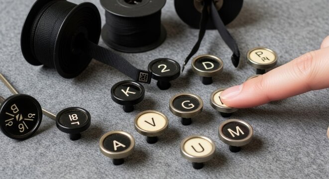 Hand selecting typewriter keys alphabet.