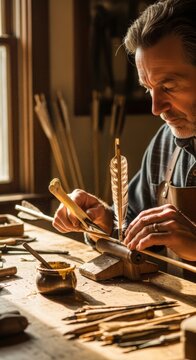 Master fletcher crafting traditional arrows in workshop