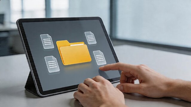 Business man using tablet for cloud storage and data management with digital folder icon on screen
