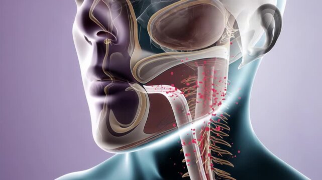 Human head and neck anatomy with transparent throat, airway, vocal structure, cervical spine, medical detail and respiratory system view