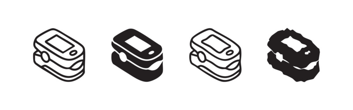 Finger pulse oximeter icons set. Medical device for measuring oxygen saturation and pulse rate.