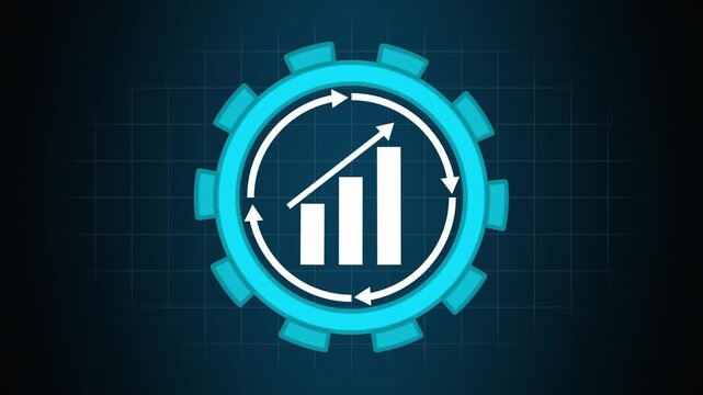 Business growth chart animation inside gear icon. Business growth circular arrow refresh. Business growth technology graphic on black background.