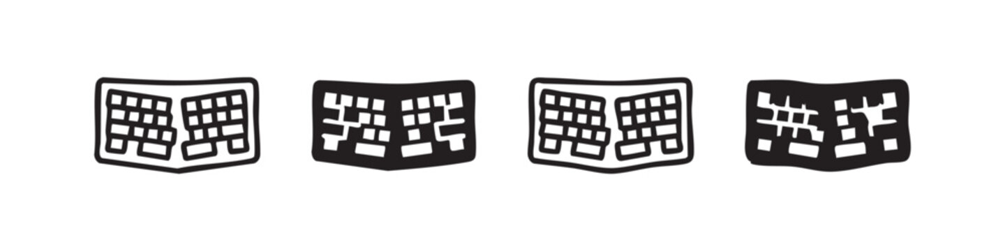 Ergonomic split keyboard icons set. Computer peripheral for comfortable typing and wrist support.
