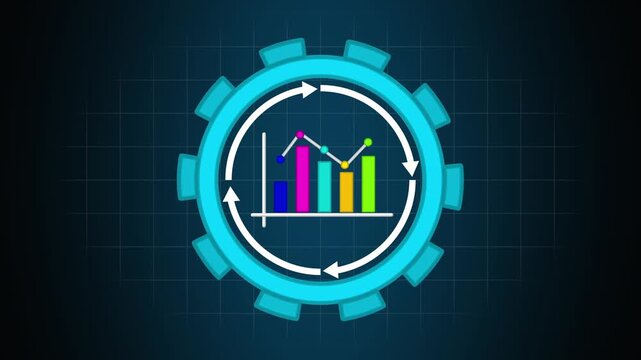 Business analytics chart animation inside gear icon. Business analytics circular arrow refresh. Business analytics technology graphic on black.